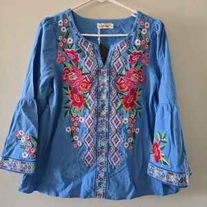 Embroidered women's top, floral top with bell sleeves